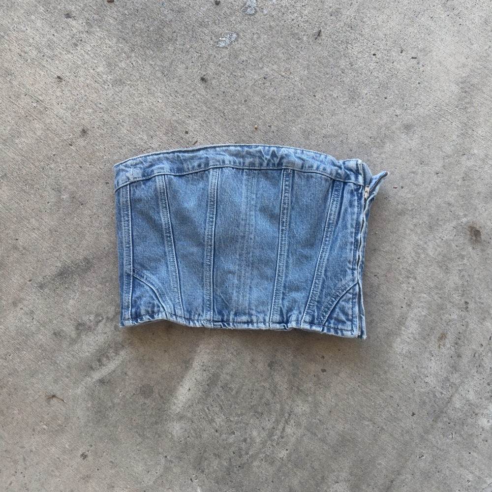 Zara Denim Corset Top Womens Medium Y2K Strapless Side Zip Light Blue Excellent